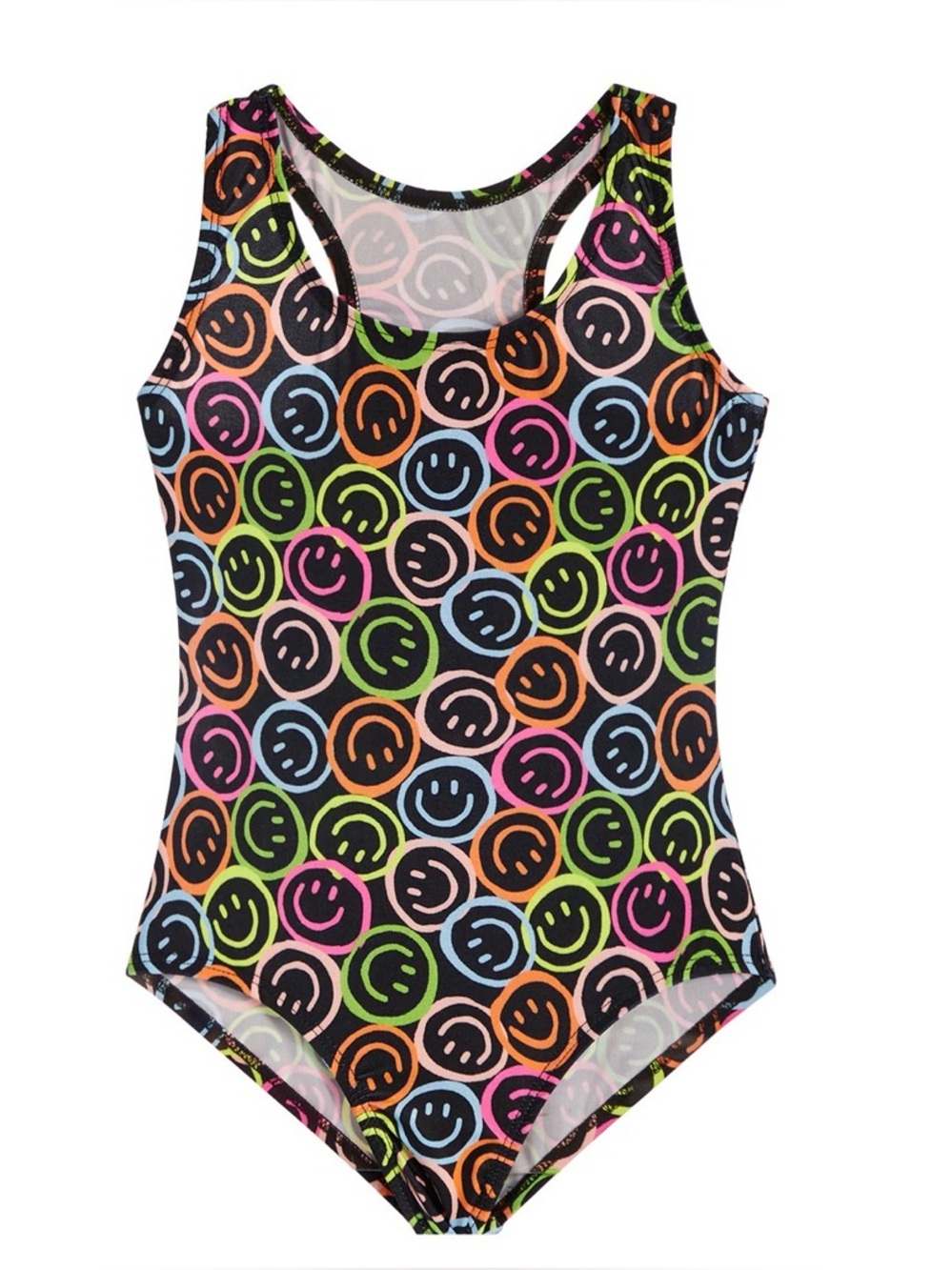 Dori Creations / Denny’s Girls' Black Neon Smiley One-Piece Swimsuit Sz 7 BNWT